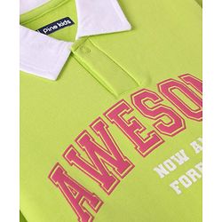 Pine Kids Cotton Knit Full Sleeves Polo Neck Sweatshirt with Text Print - Lime Green