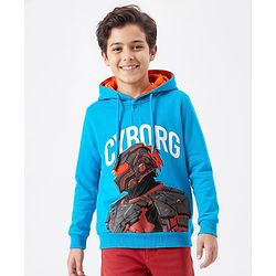 Pine Kids Cotton Knit Full Sleeves Hooded Sweatshirt with Cyborg Print - Blue