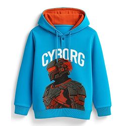 Pine Kids Cotton Knit Full Sleeves Hooded Sweatshirt with Cyborg Print - Blue