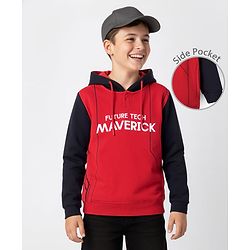 Pine Kids Cotton Knit Full Sleeves Hooded Sweatshirt with Text Print - Red