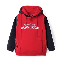 Pine Kids Cotton Knit Full Sleeves Hooded Sweatshirt with Text Print - Red