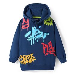 Pine Kids Cotton Knit Full Sleeves Graffiti Printed Hooded Sweatshirt - Navy Blue
