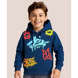 Pine Kids Cotton Knit Full Sleeves Graffiti Printed Hooded Sweatshirt - Navy Blue