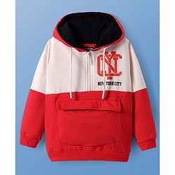 Pine Kids Cotton Knit Full Sleeves Cut & Sew Design Hooded Sweatshirt with Text Print - Red
