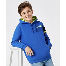 Pine Kids Cotton Knit Full Sleeves Sweatshirt with Text Print & Kangaroo Pockets - Blue