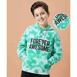 Pine Kids Cotton Knit Full Sleeves Hooded Sweatshirt with Text Print & Kangaroo Pockets - Sea Green & White