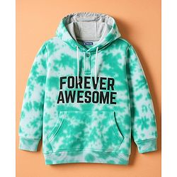 Pine Kids Cotton Knit Full Sleeves Hooded Sweatshirt with Text Print & Kangaroo Pockets - Sea Green & White