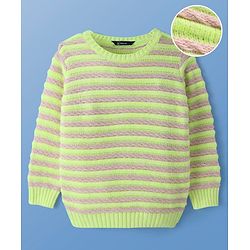 Pine Kids Knitted Full Sleeves Pullover Sweater with Striped Design - Neon Green