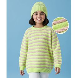 Pine Kids Knitted Full Sleeves Pullover Sweater with Striped Design - Neon Green