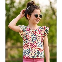 Pine Kids Cotton Frill Sleeves Heart & Floral Printed Top - Multicolour