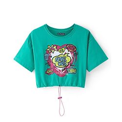 Pine Kids Cotton Knit Half Drop Shoulder Sleeves Crop T-Shirt with Heart Print - Green