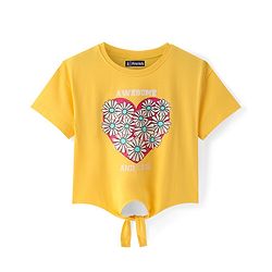 Pine Kids Cotton Knit Half Drop Shoulder Sleeves T-Shirt with Knit Detailing Heart & Floral Print - Yellow