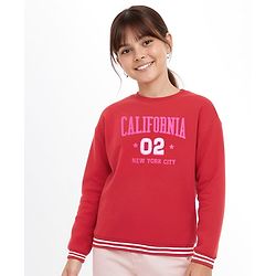 Pine Kids Cotton Knit Full Sleeves Drop Shoulder Sweatshirt with Text Print & Embroidery - Red