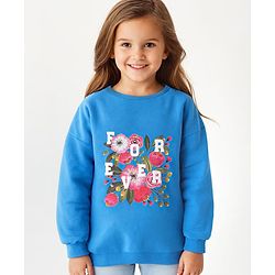 Pine Kids Cotton Knit Full Sleeves Drop Shoulder Sweatshirt with Text & Floral Print - Blue