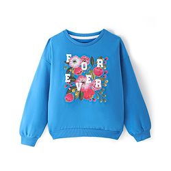 Pine Kids Cotton Knit Full Sleeves Drop Shoulder Sweatshirt with Text & Floral Print - Blue