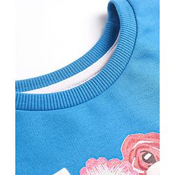 Pine Kids Cotton Knit Full Sleeves Drop Shoulder Sweatshirt with Text & Floral Print - Blue