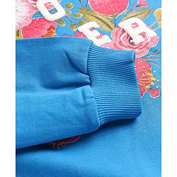Pine Kids Cotton Knit Full Sleeves Drop Shoulder Sweatshirt with Text & Floral Print - Blue