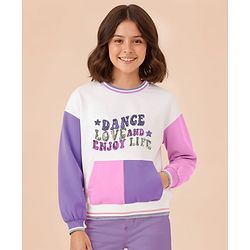 Pine Kids Cotton Knit Full Drop Shoulder Sleeves Sweatshirt with Sequin Text Embroidery & Kangaroo Pockets - White Pink & Purple