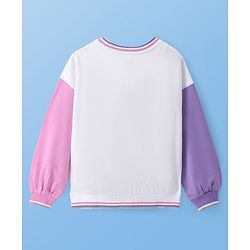 Pine Kids Cotton Knit Full Drop Shoulder Sleeves Sweatshirt with Sequin Text Embroidery & Kangaroo Pockets - White Pink & Purple