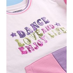 Pine Kids Cotton Knit Full Drop Shoulder Sleeves Sweatshirt with Sequin Text Embroidery & Kangaroo Pockets - White Pink & Purple