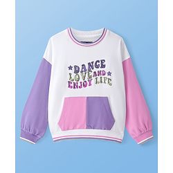 Pine Kids Cotton Knit Full Drop Shoulder Sleeves Sweatshirt with Sequin Text Embroidery & Kangaroo Pockets - White Pink & Purple