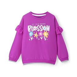 Pine Kids Cotton Knit Full Sleeves Drop Shoulder Sweatshirt with Floral Print & Frill Detailing - Purple