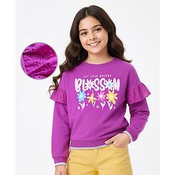Pine Kids Cotton Knit Full Sleeves Drop Shoulder Sweatshirt with Floral Print & Frill Detailing - Purple