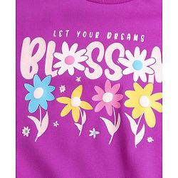 Pine Kids Cotton Knit Full Sleeves Drop Shoulder Sweatshirt with Floral Print & Frill Detailing - Purple