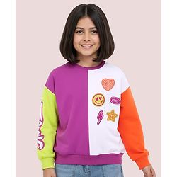 Pine Kids Cotton Knit Full Sleeves Drop Shoulder Sweatshirt with Cut & Sew Design & Patch Detailing - Multicolour