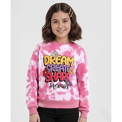 Pine Kids Cotton Knit Full Sleeves Pullover Sweatshirt with Tie & Dye Design & Text Print - Pink