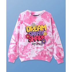 Pine Kids Cotton Knit Full Sleeves Pullover Sweatshirt with Tie & Dye Design & Text Print - Pink