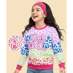 Pine Kids Cotton Knit Full Sleeves Drop Shoulder Gilter Text & Abstract Printed Sweatshirt - Pink