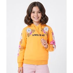 Pine Kids Cotton Knit Full Sleeves Hooded Sweatshirt with Floral Print - Mustard