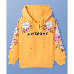 Pine Kids Cotton Knit Full Sleeves Hooded Sweatshirt with Floral Print - Mustard