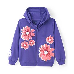 Pine Kids Knit Full Sleeves Hooded Front Open Sweat Jacket Floral & Text Design - Purple