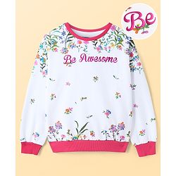 Pine Kids Cotton Knit Full Sleeves Drop Shoulder Sweatshirt with Floral & Puff Text Print - White