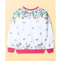 Pine Kids Cotton Knit Full Sleeves Drop Shoulder Sweatshirt with Floral & Puff Text Print - White