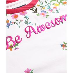 Pine Kids Cotton Knit Full Sleeves Drop Shoulder Sweatshirt with Floral & Puff Text Print - White