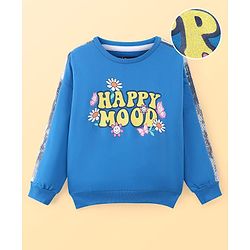 Pine Kids Cotton Knit Full Drop Sleeves Sweat Shirt with Sequinned detailing & Floral  Text Print - Blue
