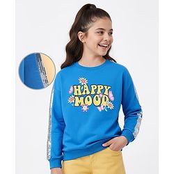 Pine Kids Cotton Knit Full Drop Sleeves Sweat Shirt with Sequinned detailing & Floral  Text Print - Blue
