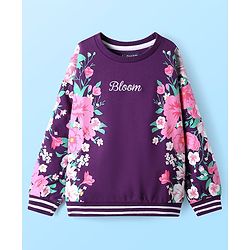 Pine Kids Cotton Knit Full Drop Shoulder Sleeves Sweatshirt with Floral Print - Purple