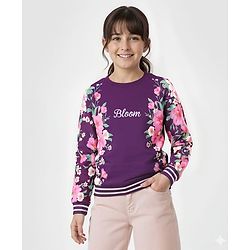 Pine Kids Cotton Knit Full Drop Shoulder Sleeves Sweatshirt with Floral Print - Purple