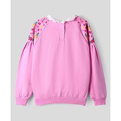 Pine Kids Cotton Knit Full Raglan Drop Shoulder Sleeves Sweatshirt with Floral Embroidery & Lace Detailing - Pink