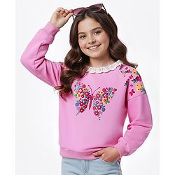 Pine Kids Cotton Knit Full Raglan Drop Shoulder Sleeves Sweatshirt with Floral Embroidery & Lace Detailing - Pink