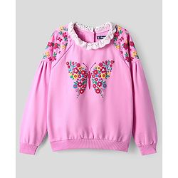 Pine Kids Cotton Knit Full Raglan Drop Shoulder Sleeves Sweatshirt with Floral Embroidery & Lace Detailing - Pink