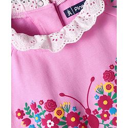 Pine Kids Cotton Knit Full Raglan Drop Shoulder Sleeves Sweatshirt with Floral Embroidery & Lace Detailing - Pink