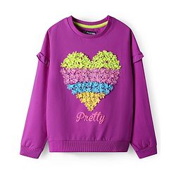 Pine Kids Cotton Knit Full  Drop Shoulder Sleeves Sweatshirt with Floral Applique - Purple