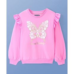 Pine Kids Cotton Knit Full Sleeves Drop Shoulder Sweatshirt with Abstract & Glitter Text Print - Pink