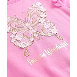 Pine Kids Cotton Knit Full Sleeves Drop Shoulder Sweatshirt with Abstract & Glitter Text Print - Pink