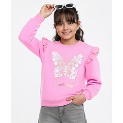 Pine Kids Cotton Knit Full Sleeves Drop Shoulder Sweatshirt with Abstract & Glitter Text Print - Pink